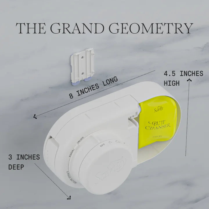 White wall-mounted device with dimensions labeled, containing a yellow 'Butt Cleanser' packet.